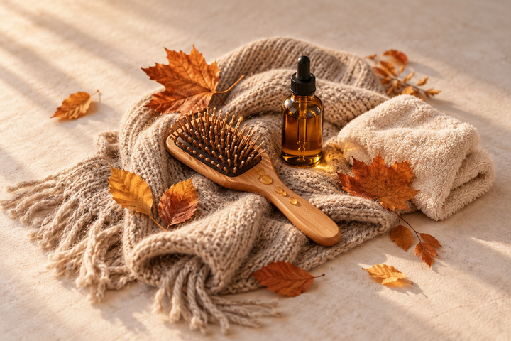 Wooden hair brush, hair oil and autumn leaves on a knitted scarf for an autumn hair care routine