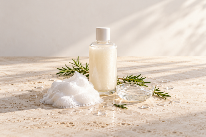 Soft shampoo lather with an unbranded glass bottle and rosemary on pale stone