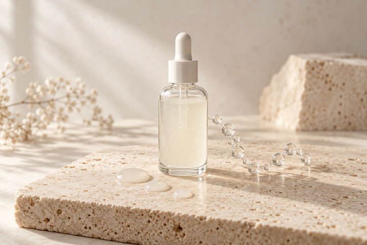 Clear peptide serum droplets and a chain of translucent glass beads on pale stone