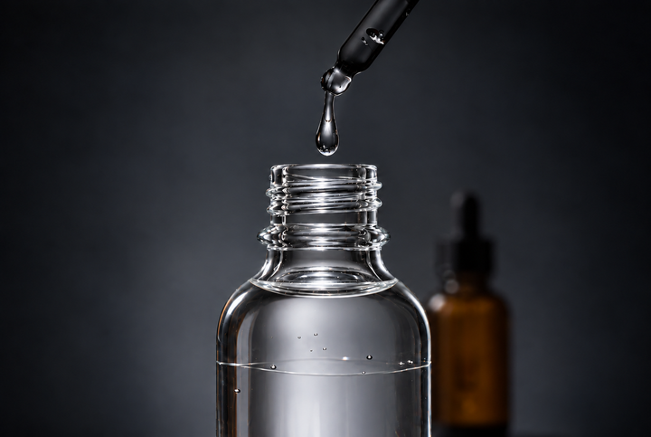 A dropper releasing a drop of clear peptide serum into a glass bottle, with an amber retinol bottle behind