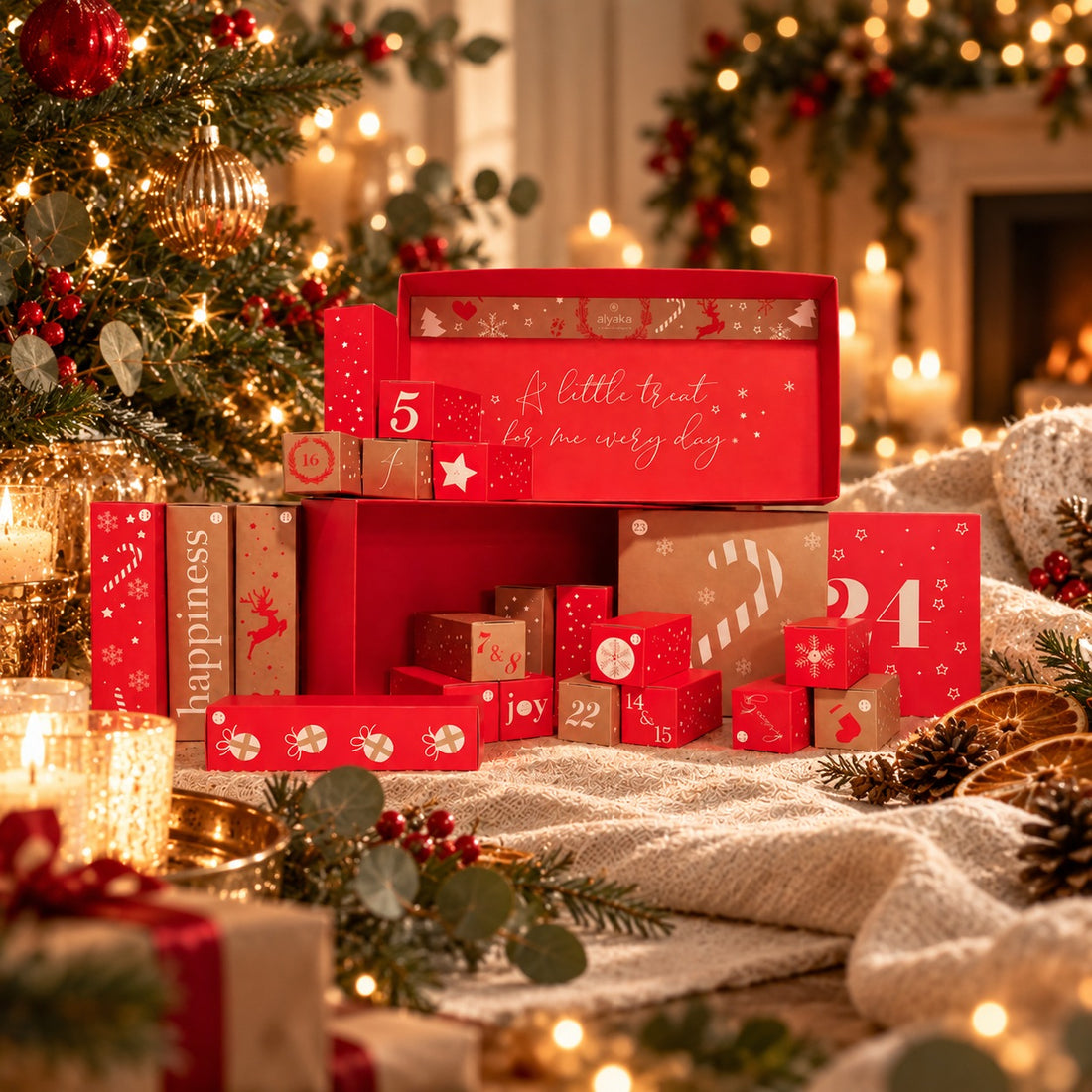 Alyaka Beauty Advent Calendar 2026 — 24 numbered red and kraft gift boxes