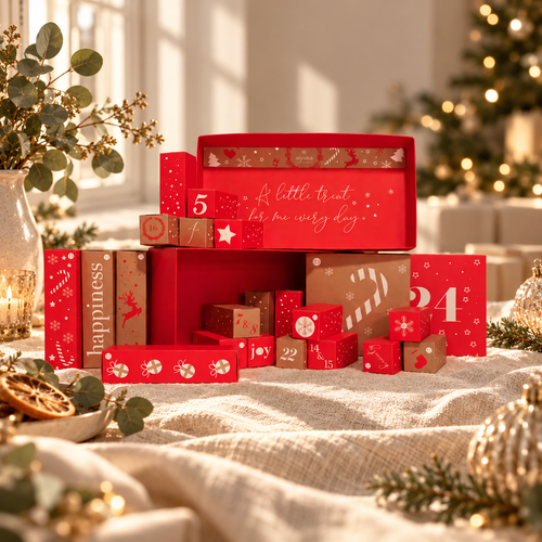 Alyaka Beauty Advent Calendar 2026 — 24 numbered red and kraft gift boxes