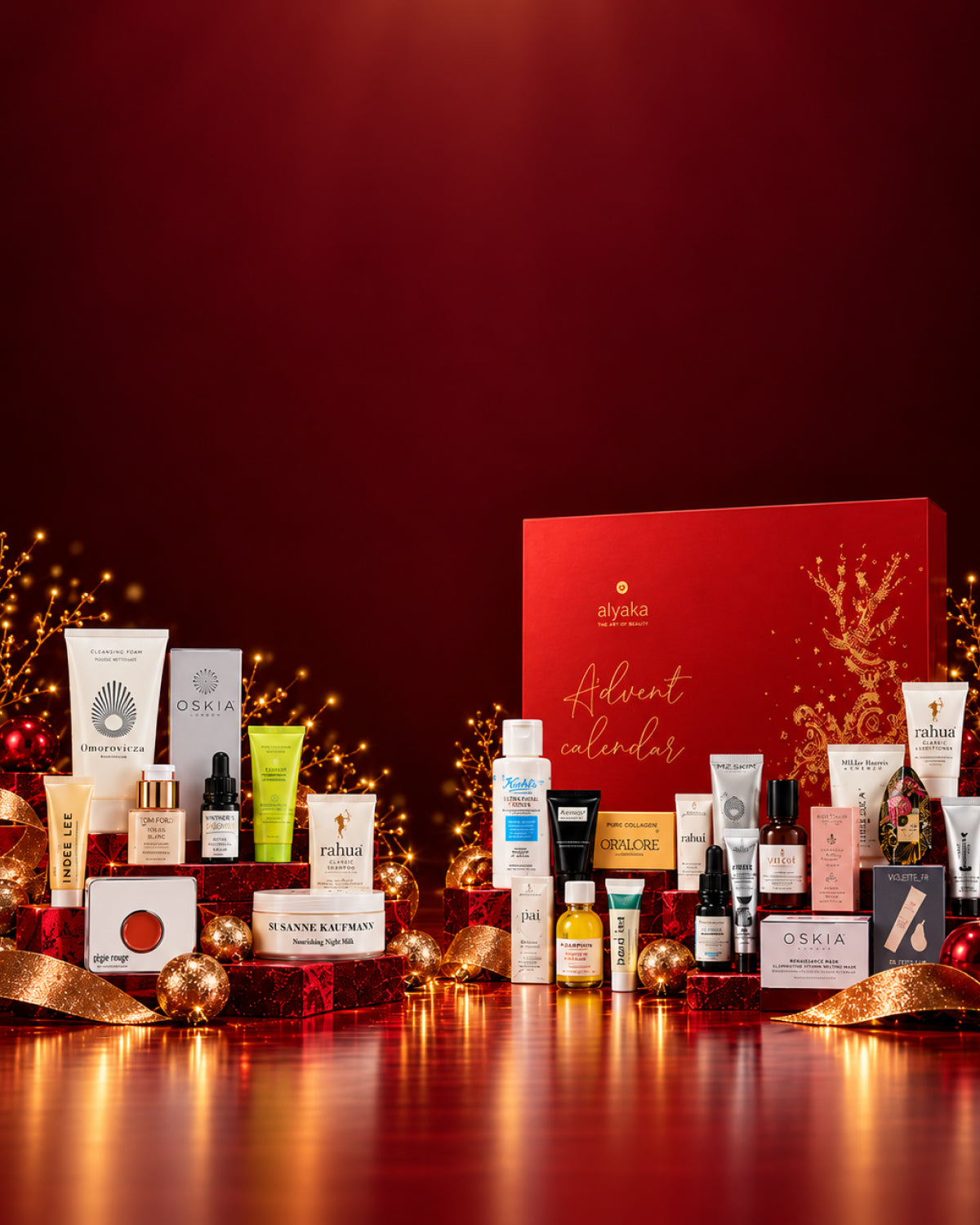 Alyaka Beauty Advent Calendar 2026 with clean beauty products from Susanne Kaufmann, Oskia, Rahua and more on a festive red background