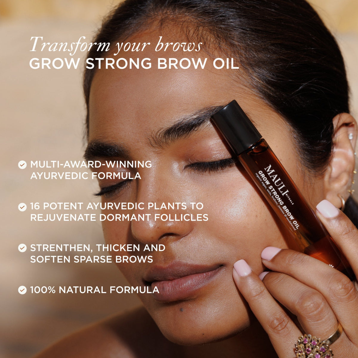 Mauli Rituals Grow Strong Brow Oil 10ml – model applying the brow oil