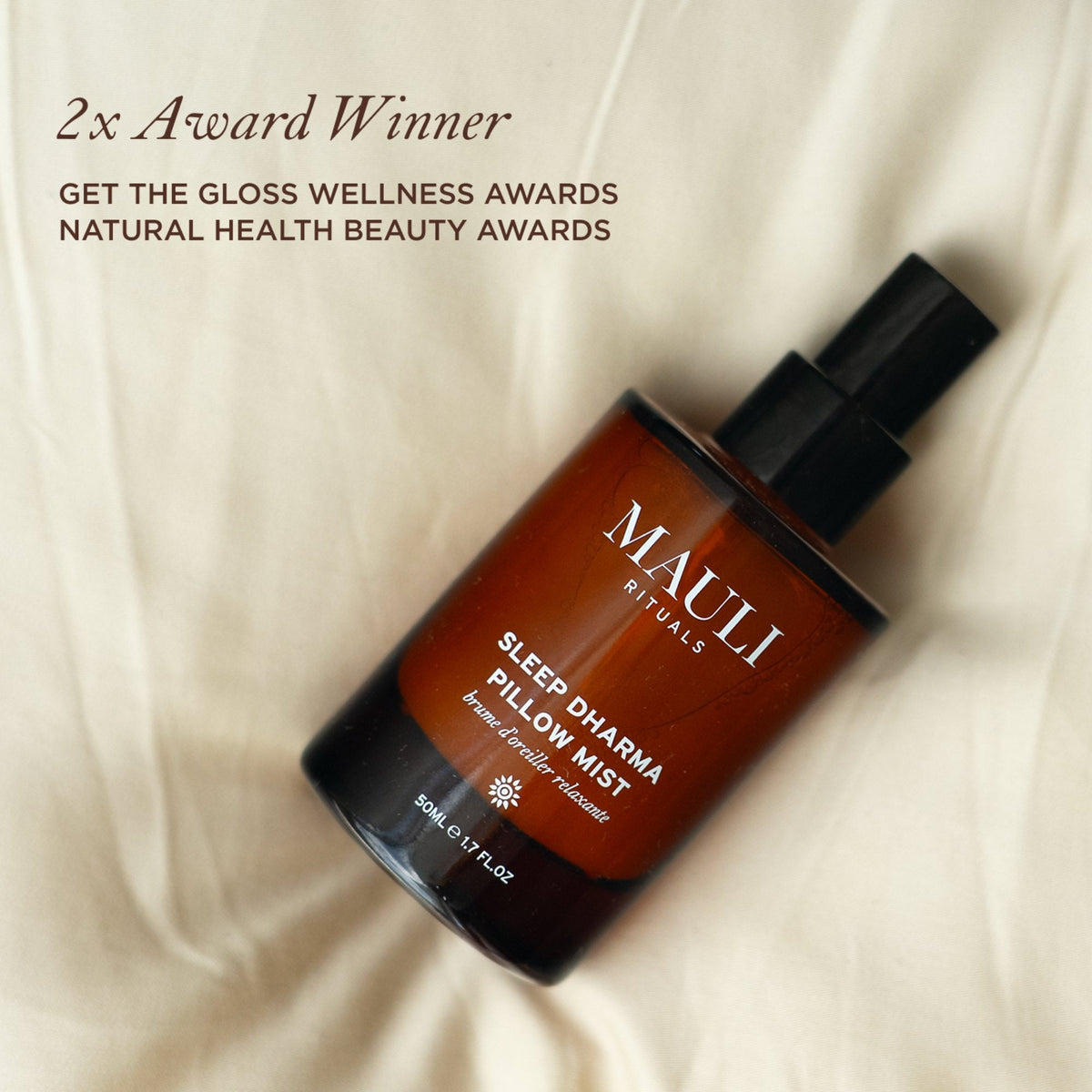 Mauli Rituals Sleep Dharma Pillow Mist 50ml – bottle on bed linen, 2x award winner
