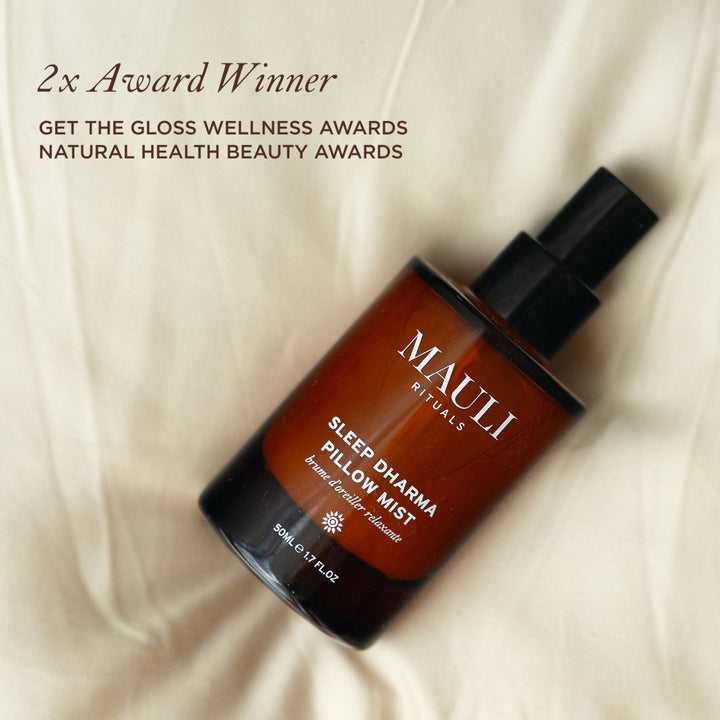 Mauli Rituals Sleep Dharma Pillow Mist 50ml – bottle on bed linen, 2x award winner
