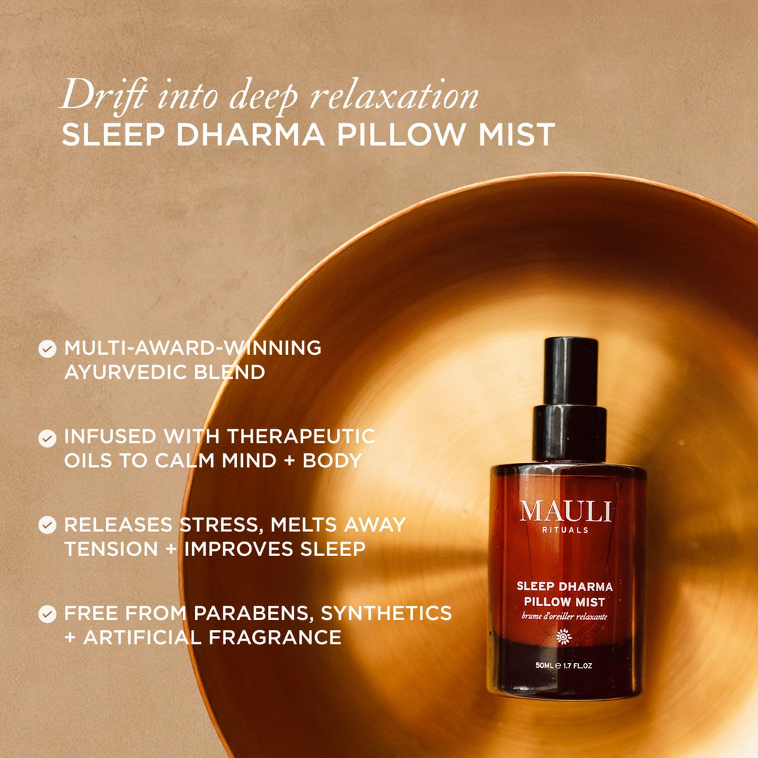 Mauli Rituals Sleep Dharma Pillow Mist 50ml – bottle on bed linen, 2x award winner